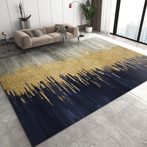 Blue Gold Gray Marble Area Rugs, Modern Light Luxury Graffiti Retro Anti-Slip Porch Mat, Distressed Carpet Fine Fluff Short Velvet Durable Enough for Entrance Door Foyer Bathroom 2x3ft