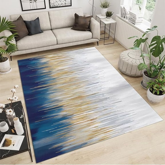 Blue, Gold And Grey Geometric Lines Area Rug, Abstract Stripe Art Living Room Rugs, With Anti-Slip Easy Clean Carpet For Living Room Bedroom Kitchen Dining Room Home Office 5 x 7ft