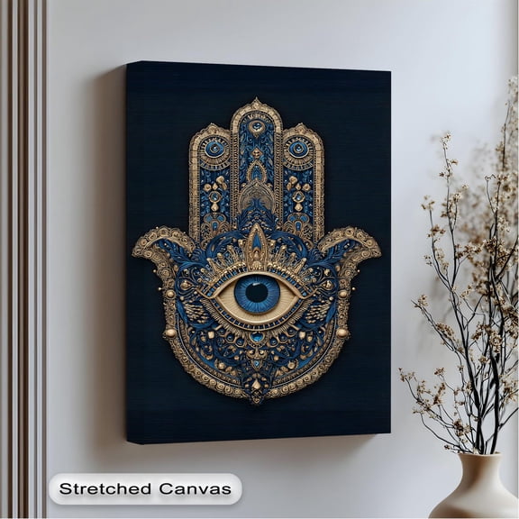 Blue Gold Hamsa Hand Art Art Boho Spiritual Wall Art For Living Room, Unframed Paper Print