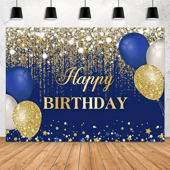 Blue and Gold Happy Birthday Backdrop 7x5ft Glitter Golden Dots Diamonds Balloons Women Girls Sweet 16 Bday Photography Background Party Decorations Cake Table Banner Photo Booth Props