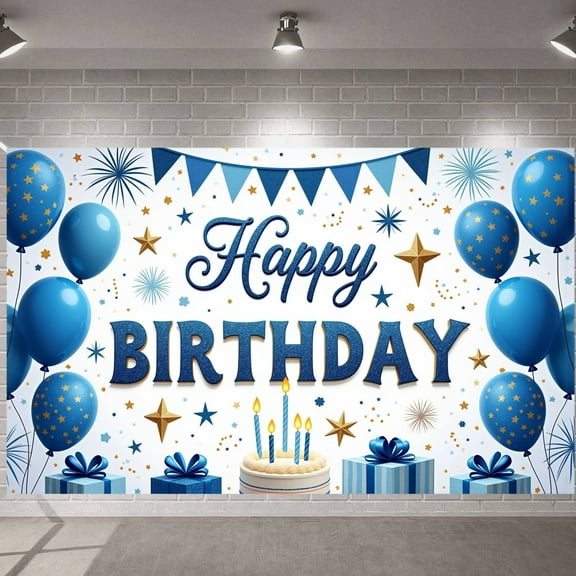 Blue Gold Happy Birthday Banner Star Pattern Party Backdrop Balloon Design Cake Celebration Background for Birthday Party Indoor Party Photo Shoot