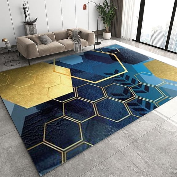 Blue Gold Hexagon Honeycomb Area Rug, Geometric Abstract Vintage Non Slip Carpet, Fade Resistant Easy Clean Rug For Living Room Bedroom Kitchen Dining Room Home Office Floor Mat 4x6ft