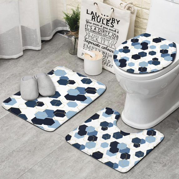 Blue Gold Hexagon Marble Bathroom Rugs Sets 3 Piece,Toilet Cover Set,Absorbent Non Slip Bathroom Mats Sets with U-Shaped Contour Rug Toilet Rug Set