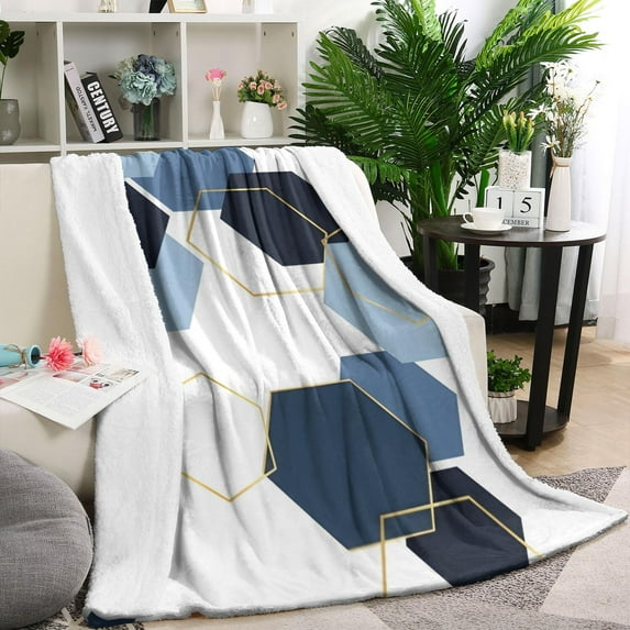 Blue Gold Hexagon Marble Blanket,Comfortable Soft Lamb Wool Throw Blanket,All Season,Warm Lightweight Blankets for Sofa Bed Couch Living Room Chair,60"x80"