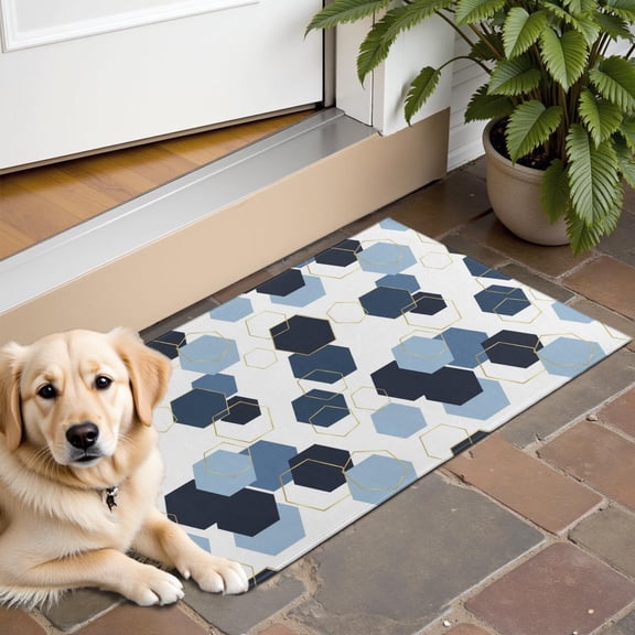 Blue Gold Hexagon Marble Door Rugs,Washable Non Slip Door Mats Indoor,Decorative Door Mats,Entry Mat Indoor for Entrance,Bedroom,Kitchen,Bathroom,16"x24"