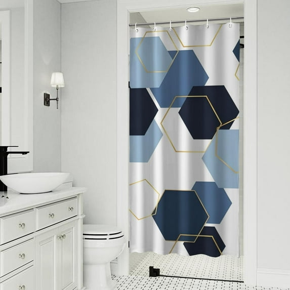 Blue Gold Hexagon Marble Shower Curtain 36"x72" ,Bathroom Decorative Shower Curtains Set with 12 Hooks,Modern Waterproof Washable Shower Curtain
