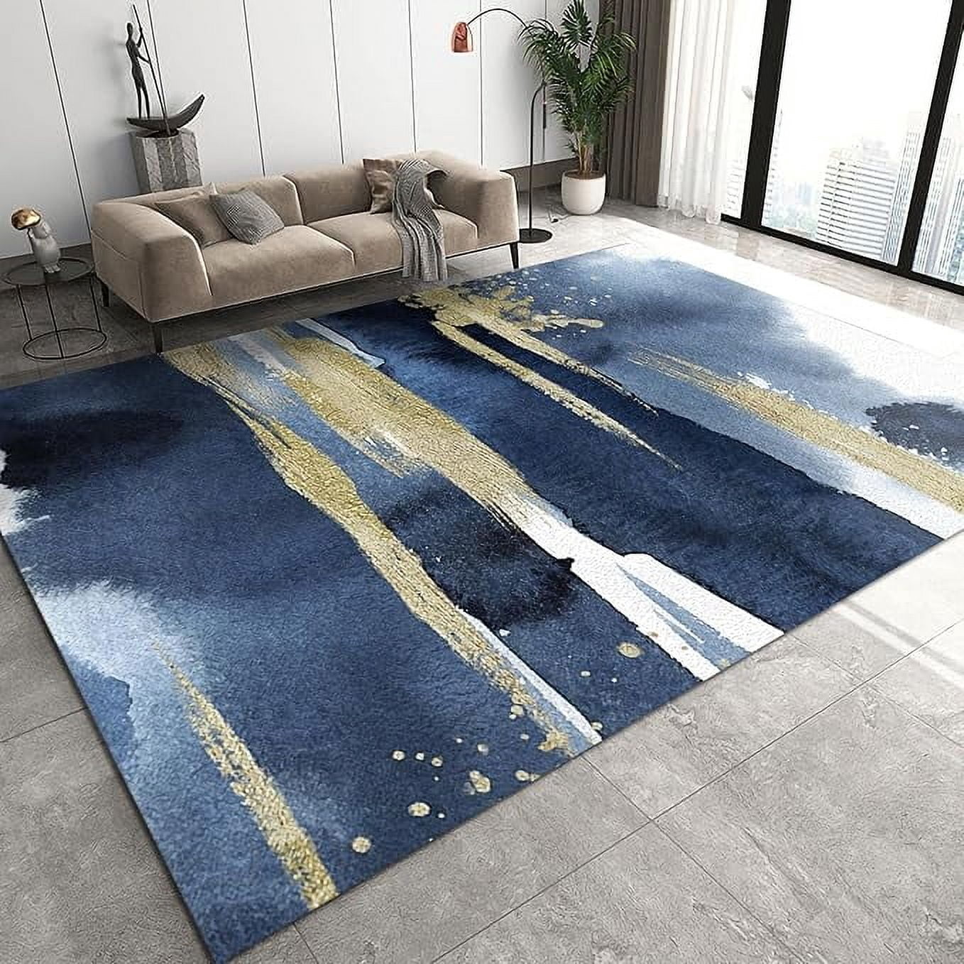 Ink Drawing Rug Blue Gold Ink Texture Art Area Rug, Modern Abstract Marble Indoor Rug ...