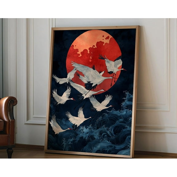 Blue and Gold Japanese Wall Art, Flying Cranes Japanese Print, Sapphire Blue, Maximalist Wall Art, Eclectic Decor, Birds wall art home decor, 8x12 UNFRAMED