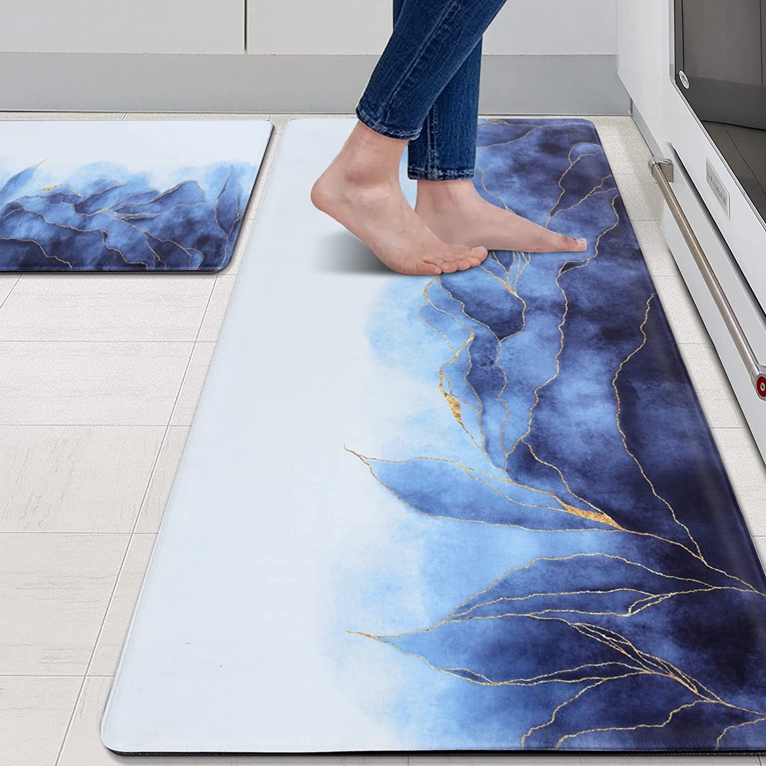 Blue and Gold Kitchen Rugs Set 2 PCS Anti Fatigue Non Skid Mats Waterproof Cushioned Kitchen