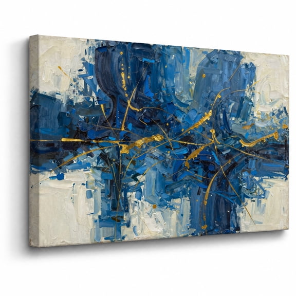 Blue Gold Line Canvas Wall Art Framed Decor abstract composition with navy blue Landscape canvas print for bathroom bedroom or living room