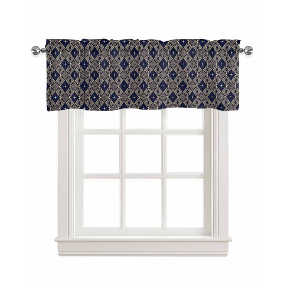 Blue Gold Linen Curtain Valance for Bedroom/Bathroom/Kitchen/Office/Living/Dining Room Window,Luxurious Royal Geometric Starry Art Rod Pocket Topper Decorative Cafe Drapes Panel 42"x18"