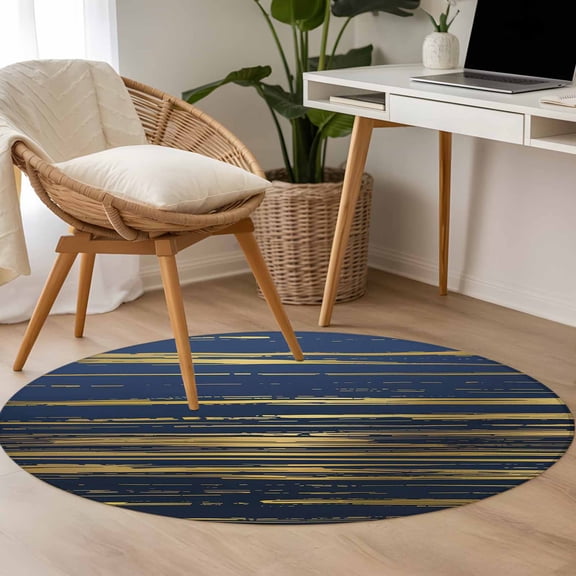 Blue Gold Lines 3.3ft Round Rug for Bedroom Reading Corner, Strip Abstract Modern Washable Non Slip Circle Area Rug