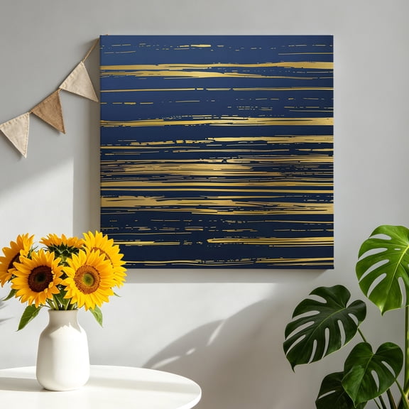 Blue Gold Lines Canvas Wall Art, Strip Abstract Modern Framed Canvas Wall Decor Picture Print Artwork Decorations for Living Room Office Ready to Hang 8" x 8"