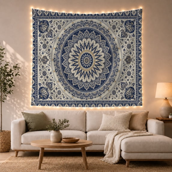 Blue and Gold Mandala Centered on White Background, Serene Boho for Bohemian Decor Lovers, Traditional Eastern Wall Art, Housewarming Gift, Tapestry Wall Hanging for Bedroom and Living Room