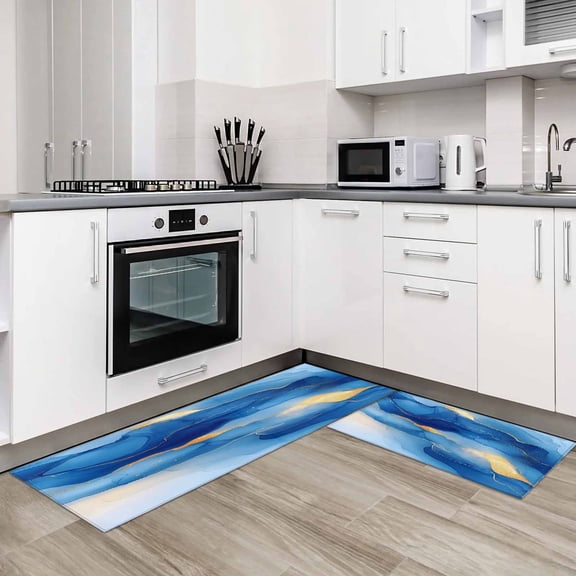 Blue Gold Marble 2 Pieces Non-Slip Kitchen Mat Set Neutral Coast Minimalist Watercolor Soft Door Mat with Rubber Backing,Dirtproof Rugs for Entrance Doorway 23.6x35.4in+23.6x70.9in