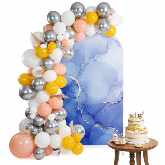 Blue Gold Marble Arch Backdrop Cover 6.6FT Abstract Gradient Stone Crack Texture Modern Spandex Fitted Arch Covers Stretchy Backdrop Decoration for Wedding Birthday Graduation Party