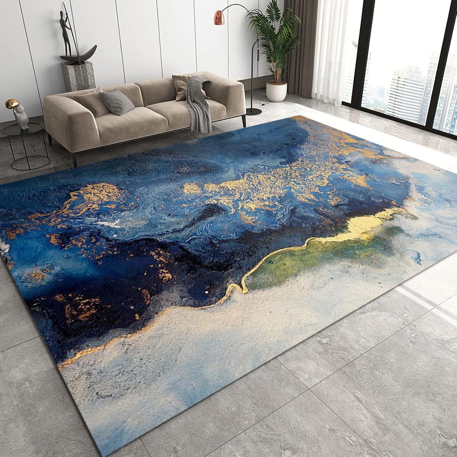 Oil Rug Blue Gold Marble Area Carpet, Abstract Blue Sky and White Clouds Oil ...
