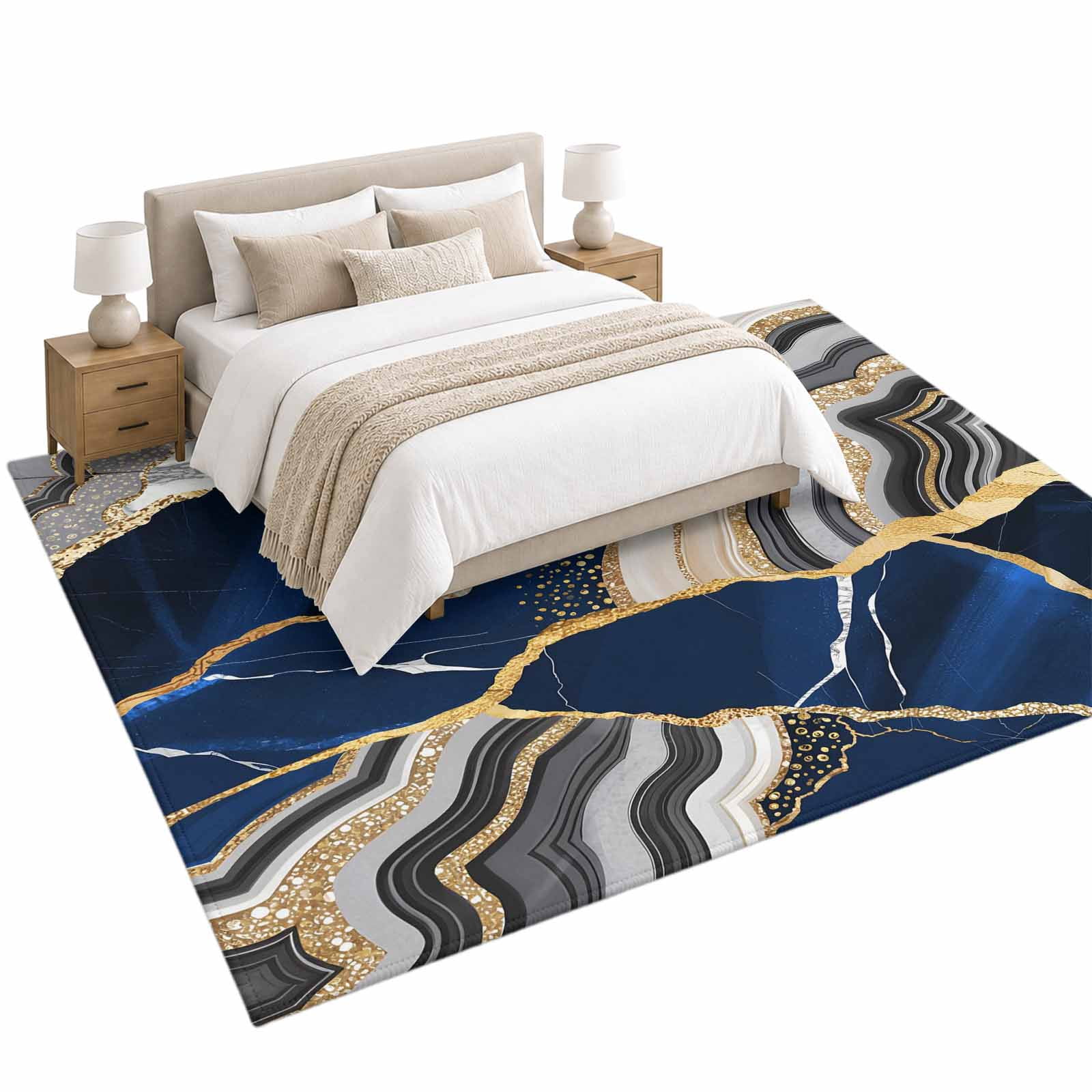 Blue Gold Marble Area Rug 5'x8', Glitter Geometric Marble Foil Texture ...