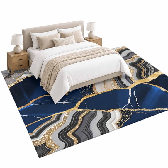 Blue Gold Marble Area Rug 5'x8', Glitter Geometric Marble Foil Texture ...