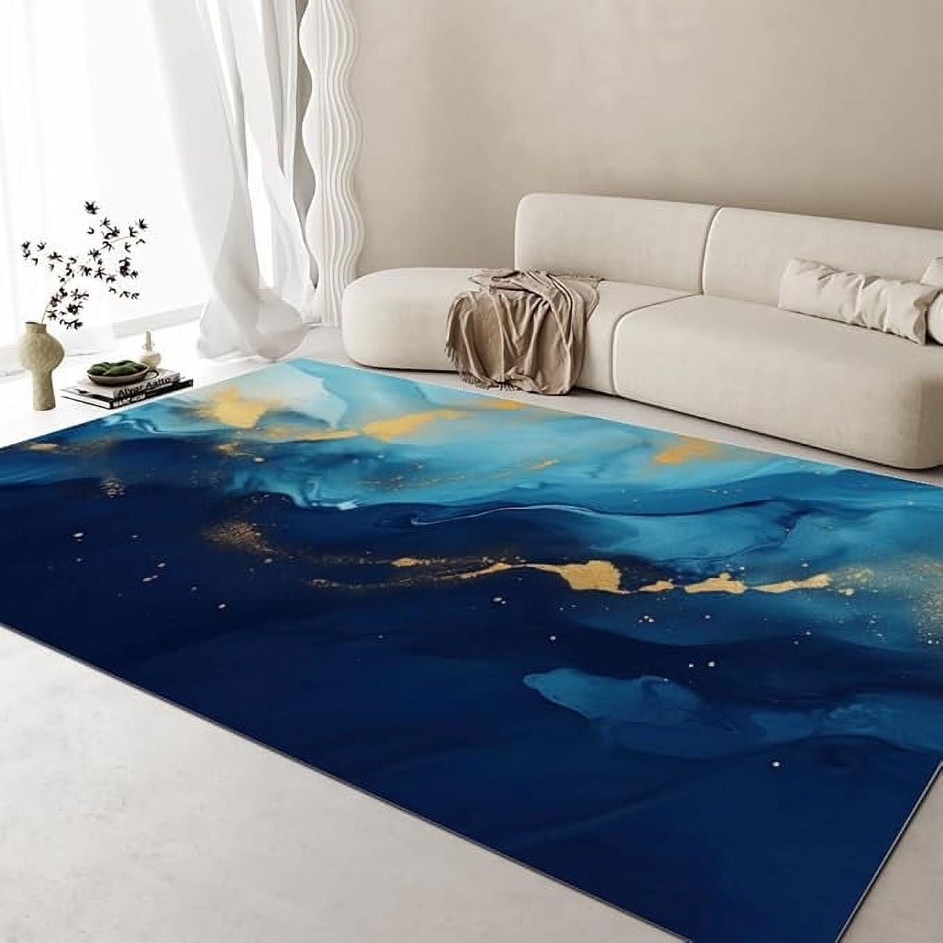 Blue Gold Marble Area Rug, Light Luxury Simple Style Indoor Rug Simple ...