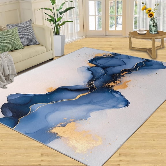 Blue Gold Marble Area Rug, Luxury Modern Washable Carpet, Non Slip Low Pile Rug for Living Room Bedroom Home Decor 2x3ft