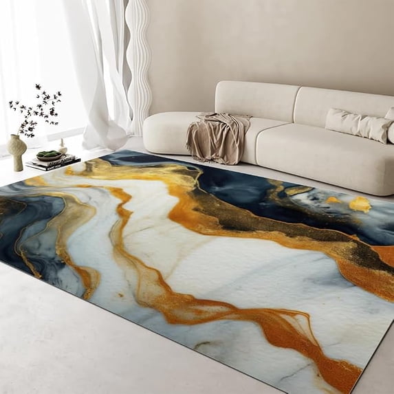 Gold Class Blue Gold Marble Area Rugs, Minimalist Abstract Style Carpet, Soft Non ...