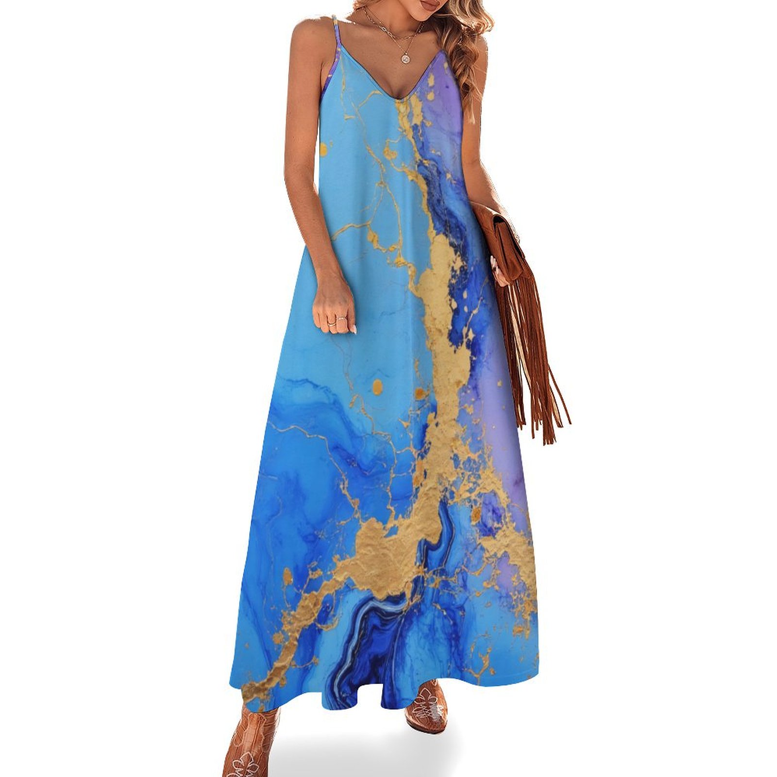 Women Blue & Gold Printed Dress With Three Quarter Sleeves