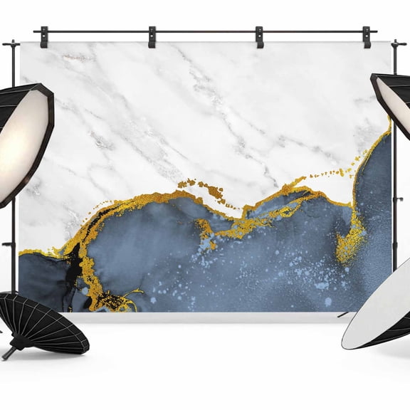 Blue Gold Marble Backdrop for Photography,Fabric Photo Background Backdrop,Modern Abstract Marble Crack Texture Photo Booth Background for Portrait Photoshoot Video Wedding Decoration Banner 7x5ft