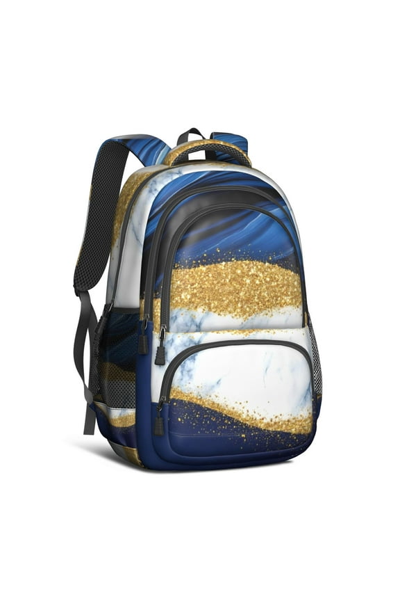 Blue Gold Marble Backpack for School,Cute School Bag,Schoolbag with Adjustable Shoulder Straps & Padded Back,16.9 Inch