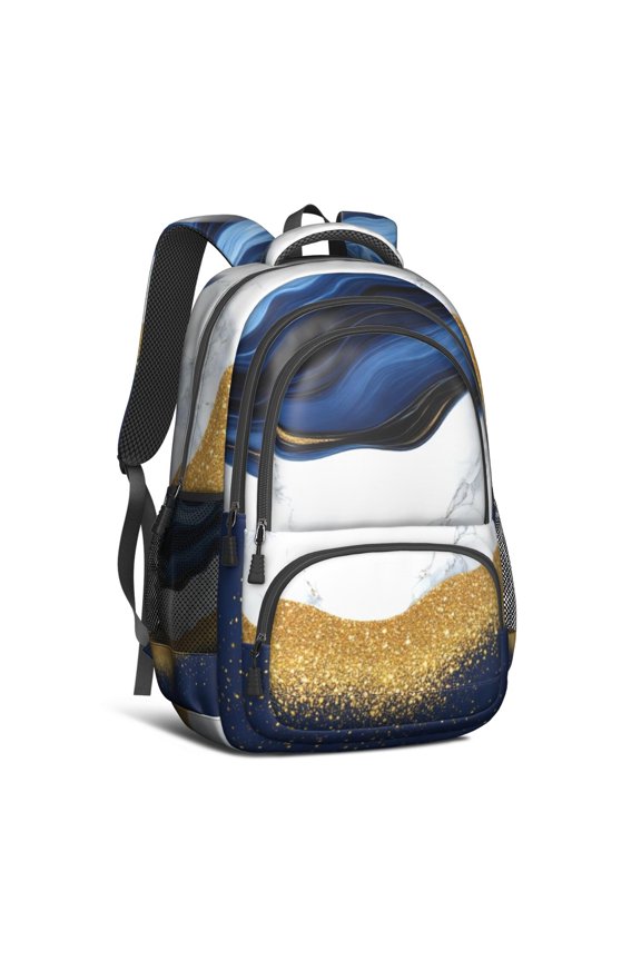 Blue Gold Marble Backpack for School,Cute School Bag,Schoolbag with Adjustable Shoulder Straps & Padded Back,16.9 Inch