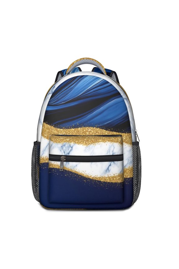 Blue Gold Marble Backpack for School,Cute School Bag,Schoolbag with Adjustable Shoulder Straps & Padded Back,15.3"x11"x6.7"