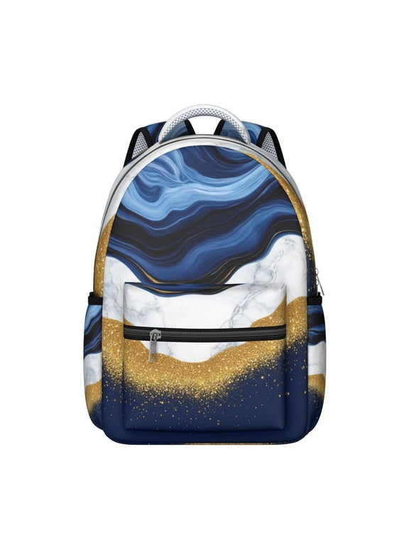 Blue Gold Marble Backpack for School,Cute School Bag,Schoolbag with Adjustable Shoulder Straps & Padded Back,15.3"x11"x7.1".