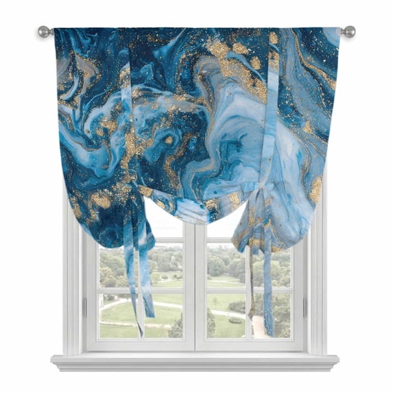 Blue Gold Marble Balloon Curtains 63 Inch Length for Living Room/Bedroom, Modern Abstract Geometric Gradient Rod Pocket Privacy Door Curtains Decorative Tie Up Shade for Window 52"x63"
