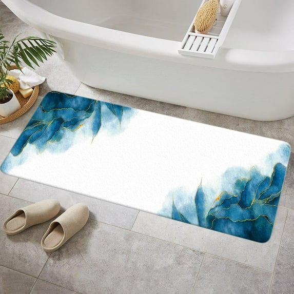 Blue and Gold Marble Bath Mat for Bathroom, Modern Abstract Dark Blue Green White Floor Rugs Mats Non Slip Cute Ombre Bathroom Decor Accessories 16X48 Inches Kitchen Bedroom Indoor