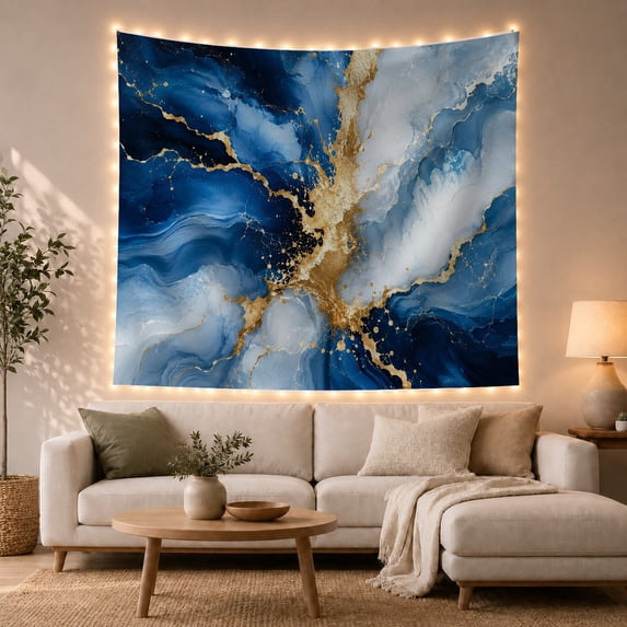 Blue and Gold Marble with Burst Center, Serene Abstract Style for Abstract Art Fans, Modern Wall Art, Housewarming Gift, Tapestry Wall Hanging for Living Room and Office