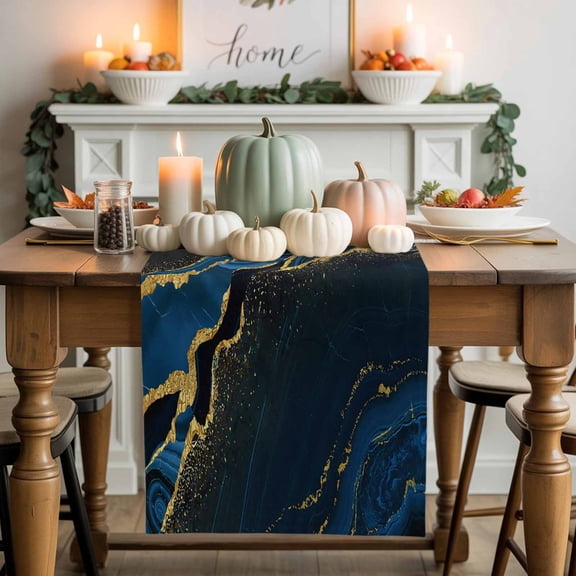 Blue Gold Marble Cotton Linen Table Runner, Washable Table Runners for Kitchen, Dining Room, Holiday, Home Party Table Decor, 13x48 Inches