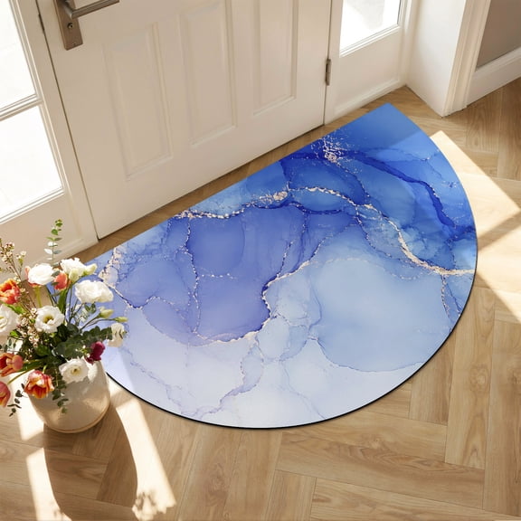 Blue Gold Marble Diatomaceous Earth Bath Mat, Abstract Gradient Stone Crack Texture Modern Half Round Non-Slip Quick Dry Door Mat Super Absorbent Bath Rug for Bathroom Kitchen Laundry 16x24in