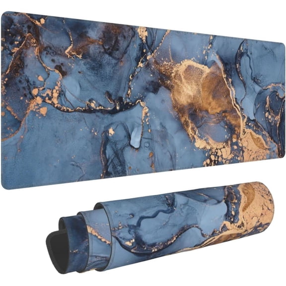 Blue Gold Marble Gaming Mouse Pad XL Extended Large Mousepad with Nonslip Rubber Base Stitched Edges Laptop Computer Keyboard Desk Mat for Office Home Gamer