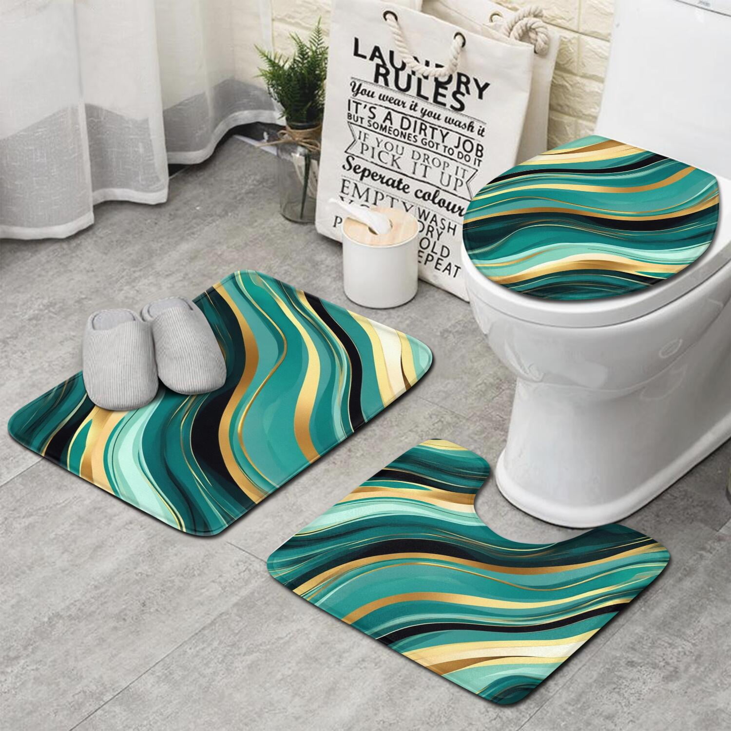 Blue and Gold Marble Glitter Streaks Pattern Bathroom Rugs Sets 3 Piece ...