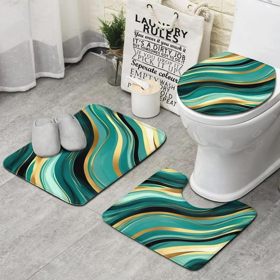Blue and Gold Marble Glitter Streaks Pattern Bathroom Rugs Sets 3 Piece,Toilet Cover Set,Absorbent Non Slip Bathroom Mats Sets with U-Shaped Contour Rug Toilet Rug Set