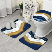 Blue and Gold Marble Glitter Waves Pattern Bathroom Rugs Sets 3 Piece,Toilet Cover Set,Absorbent Non Slip Bathroom Mats Sets with U-Shaped Contour Rug Toilet Rug Set
