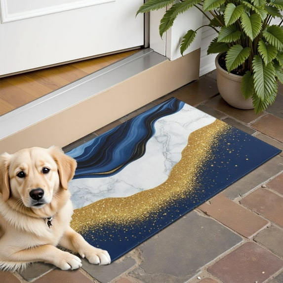 Blue and Gold Marble Glitter Waves Pattern Door Rugs,Washable Non Slip Door Mats Indoor,Decorative Door Mats,Entry Mat Indoor for Entrance,Bedroom,Kitchen,Bathroom,16"x24"