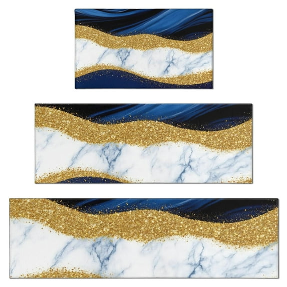 Blue and Gold Marble Glitter Waves Pattern Kitchen Rugs Sets Of 3,Kitchen Runner Rugs Non Skid Washable,Decorative Kitchen Floor Mats for Kitchen,Sink,Laundry,17"x30"+ 17"x47" + 17"x59"