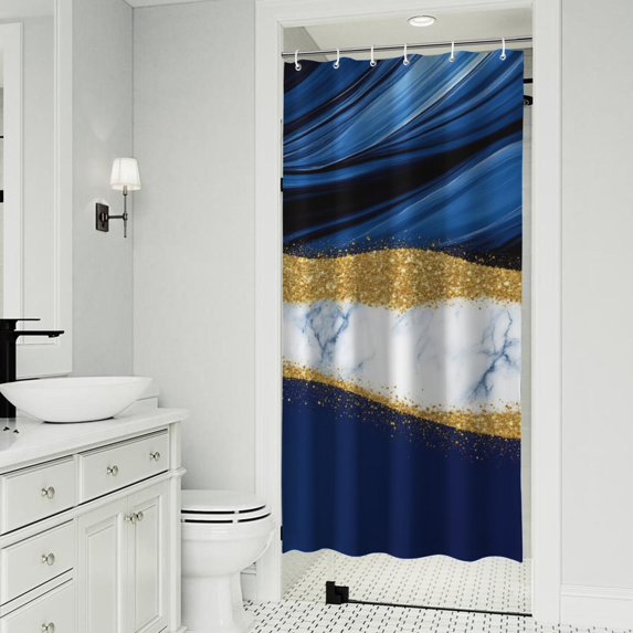 Blue and Gold Marble Glitter Waves Pattern Shower Curtain 36"x72" ,Bathroom Decorative Shower Curtains Set with 12 Hooks,Modern Waterproof Washable Shower Curtain