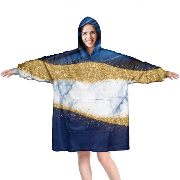 Blue and Gold Marble Glitter Waves Pattern Wearable Oversized Blanket,Wearable Blanket Hoodie for Adults,Cozy Hooded Blankets with Super Pockets,Super Warm Fuzzy Pullover for Women & Men