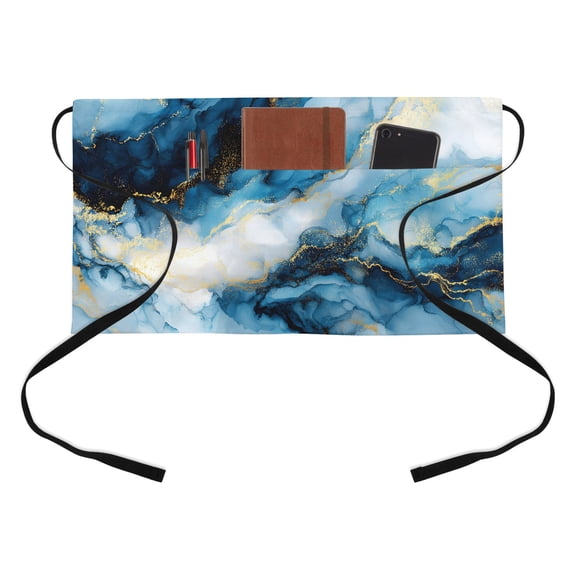 Blue Gold Marble Half Waist Apron Luxury Gorgeous Ocean Abstract Short Waiter Aprons with 3 Pockets for Women Men Kitchen Restaurant Cooking