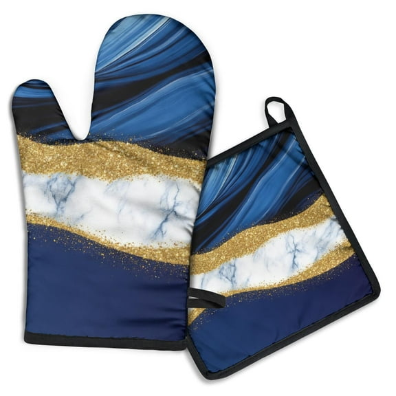 Blue Gold Marble Kitchen Oven Mitt and Pot Holder Sets 2 Pcs for Baking, Cooking and Grilling, Heat Resistant Up To 392 °F