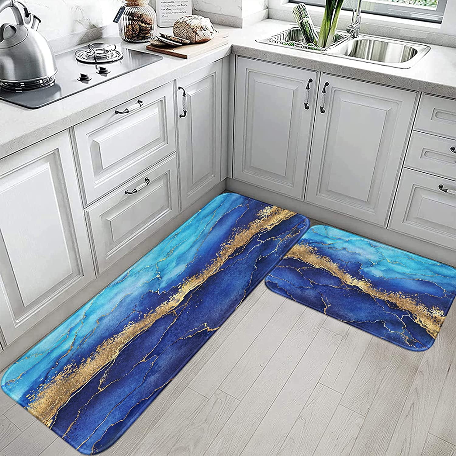 Blue Gold Marble Kitchen Rugs and Mats Non Skid Washable Set of 2