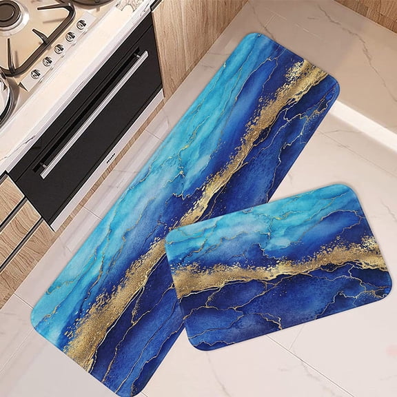 Blue Gold Marble Kitchen Rugs and Mats Non Skid Washable Set of 2, Indigo Marbling Classic Elegant Kitchen Mats for Floor, Modern Abstract Art Luxury Decor Kitchen Runner Rug
