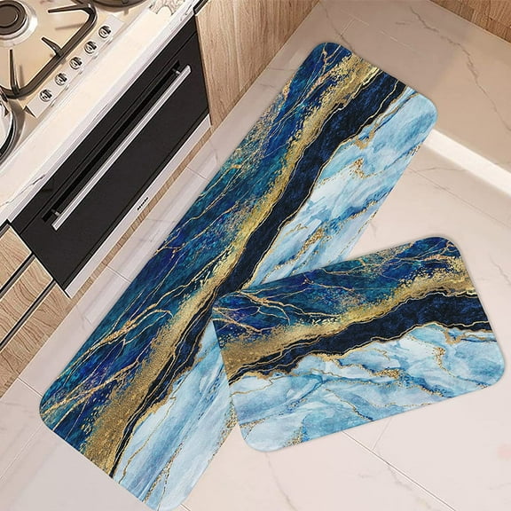 Blue Gold Marble Kitchen Rugs and Mats Non Skid Washable Set of 2, Navy Luxury Elegant Kitchen Mats for Floor, Modern Classic Abstract Art Decor Kitchen Runner Rug